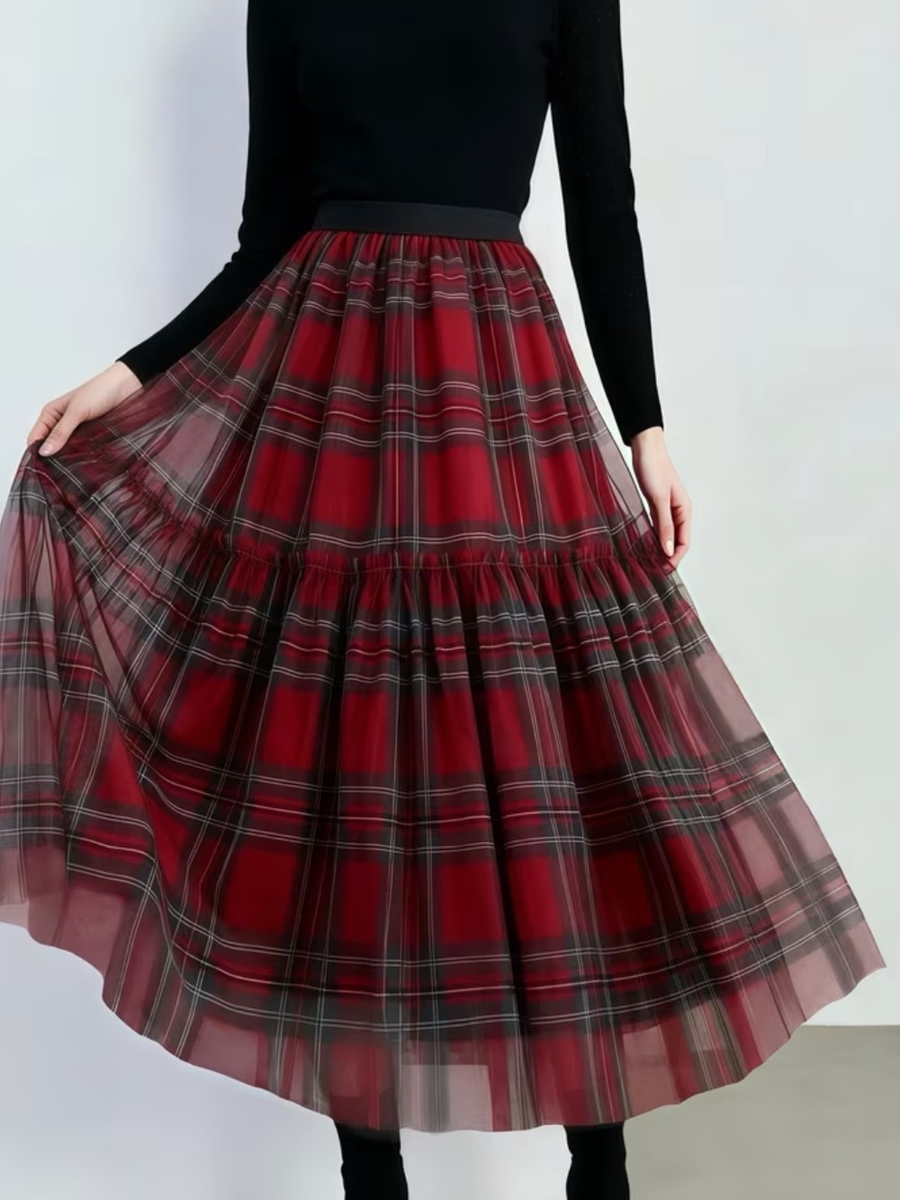 Women'S Plaid Elegant Fashion Casual Long Half Skirt, Elastic Waist Sheer Checke